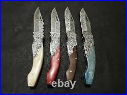 Lot Of 4 Mk New Beautiful Custom Hand Made Damascus Steel Folding Knife