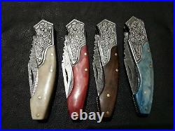 Lot Of 4 Mk New Beautiful Custom Hand Made Damascus Steel Folding Knife