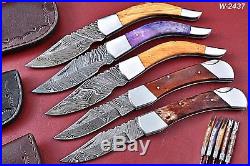 Lot Of 5 Custom Handmade Damascus Folding Knife With Bone+Wood Handle W. 2437