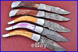 Lot Of 5 Custom Handmade Damascus Folding Knife With Bone+Wood Handle W. 2437