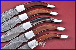 Lot Of 5 Custom Handmade Damascus Folding Knife With Horne+Wood Handle W. 2451