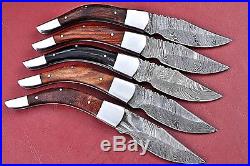 Lot Of 5 Custom Handmade Damascus Folding Knife With Horne+Wood Handle W. 2451
