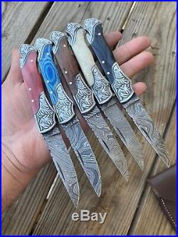 Lot Of 5 Damascus Steel Folding Pocket Knife WithBack Lock & Leather Sheaths