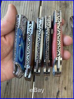 Lot Of 5 Damascus Steel Folding Pocket Knife WithBack Lock & Leather Sheaths