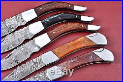 Lot Of 5 Handmad Damascus Folding Knife With Color Bone+Horne+Wood Handle W. 2441