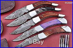 Lot Of 5 Handmad Damascus Folding Knife With Color Bone+Wood+Horne Handle W. 2444