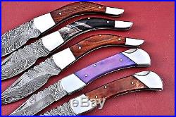 Lot Of 5 Handmad Damascus Folding Knife With Color Bone+Wood+Horne Handle W. 2444