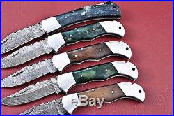 Lot Of 5 Handmade Damascus Folding Knife With Color Bone Handle W. 2446