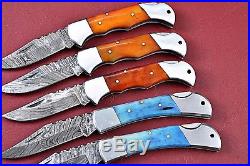 Lot Of 5 Handmade Damascus Folding Knife With Color Bone Handle W. 2450