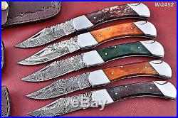 Lot Of 5 Handmade Damascus Folding Knife With Color Bone Handle W. 2452