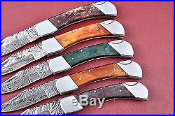Lot Of 5 Handmade Damascus Folding Knife With Color Bone Handle W. 2452