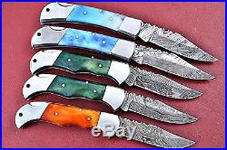 Lot Of 5 Handmade Damascus Folding Knife With Color Bone Handle W. 2456