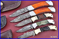 Lot Of 5 Handmade Damascus Folding Knife With Color Bone Handle W. 2825