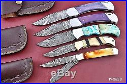 Lot Of 5 Handmade Damascus Folding Knife With Color Bone Handle W. 2828