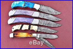 Lot Of 5 Handmade Damascus Folding Knife With Color Bone Handle W. 2828