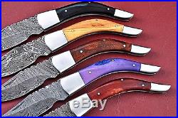 Lot Of 5 Handmade Damascus Folding Knife With Color Bone+Wood+Horn Handle W. 2453