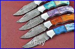 Lot Of 5 Handmade Damascus Folding knife With Color Bone Handle W. 1758