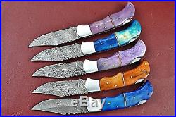 Lot Of 5 Handmade Damascus Folding knife With Color Bone Handle W. 1758