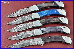 Lot Of 5 Handmade Damascus Folding knife With Color Bone Handle W. 1760