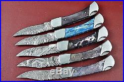 Lot Of 5 Handmade Damascus Folding knife With Color Bone Handle W. 1760