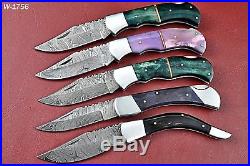 Lot Of 5 Handmade Damascus Folding knife With Color Bone+Horne Handle W. 1756