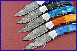 Lot Of 5 Handmade Damascus Folding knife With Color bone Handle W. 1771