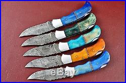Lot Of 5 Handmade Damascus Folding knife With Color bone Handle W. 1771