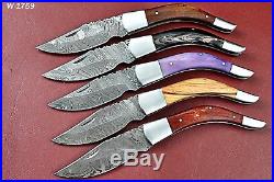 Lot Of 5 Handmade Damascus Folding knife With Color bone+Wood+Horne Handle W1759