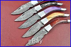 Lot Of 5 Handmade Damascus Folding knife With Color bone+Wood+Horne Handle W1759