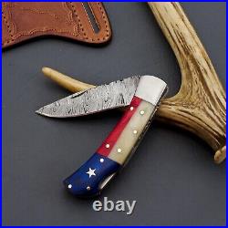 Lot Of 5 Handmade Damascus Steel Blade Texas Flag Folding Pocket Knife & Sheath