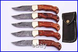 Lot Of 5 Handmade Damascus Steel Folding Knives With Leather Sheath
