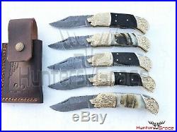 Lot Of 5 Hgk Custom Hand Made Damascus Steel Lock Back Folding Knife Sheep Horn