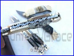 Lot Of 5 Hgk Custom Hand Made Damascus Steel Lock Back Folding Knife Sheep Horn