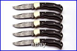 Lot Of 5 pieces Handmade Damascus Steel Folding Pocket knife with Leather Covers