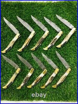 Lot Of 50 Handmade Damascus Steel Folding Pocket Knife With Stag Antler Handle