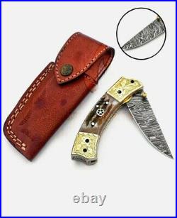 Lot Of 6 Custom Handmade Damascus Engraved Folding Knife With Stag Horn