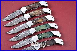 Lot Of 6 Custom Handmade Damascus Folding Knife With Color Bone Handle W. 2449