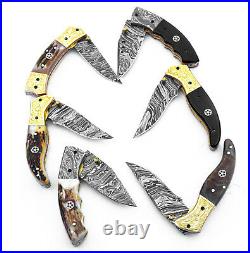 Lot Of 6 Custom Handmade Damascus Steel Folding Knife Linear Lock Stag/antler