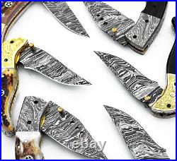 Lot Of 6 Custom Handmade Damascus Steel Folding Knife Linear Lock Stag/antler