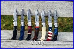 Lot Of 7 PCS Custom Handmade Damascus Steel Pocket Folding Back Lock Knife