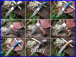 Lot Of 9 Hand Forged Damascus Back Lock Pocket Knives With Sheaths, Razor Sharp