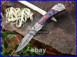 Lot Of 9 Hand Forged Damascus Back Lock Pocket Knives With Sheaths, Razor Sharp