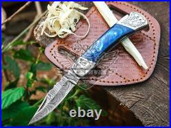 Lot Of 9 Hand Forged Damascus Back Lock Pocket Knives With Sheaths, Razor Sharp