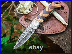 Lot Of 9 Hand Forged Damascus Pocket Knife With Sheaths, Damascus Folding Knives