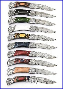 Lot of 10 Custom Hand Forged Damascus Steel Folding Pocket Knifes With Cover