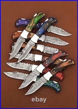 Lot of 10 Custom Hand Forged Damascus Steel Folding Pocket Knifes With Cover