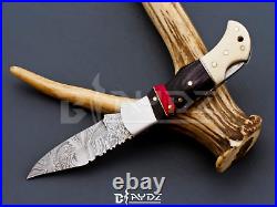 Lot of 10 Damascus Steel Folding Pocket Personalized Knife Wood Handle w Sheath