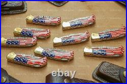 Lot of 10 Handmade Damascus Steel American Flag Folding Knives (Free Sheaths)