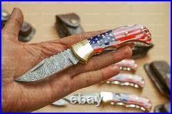 Lot of 10 Handmade Damascus Steel American Flag Folding Knives (Free Sheaths)