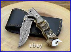 Lot of 10 pcs 7.5 Damascus Steel Horn Handle Folding Knife Free Sheaths